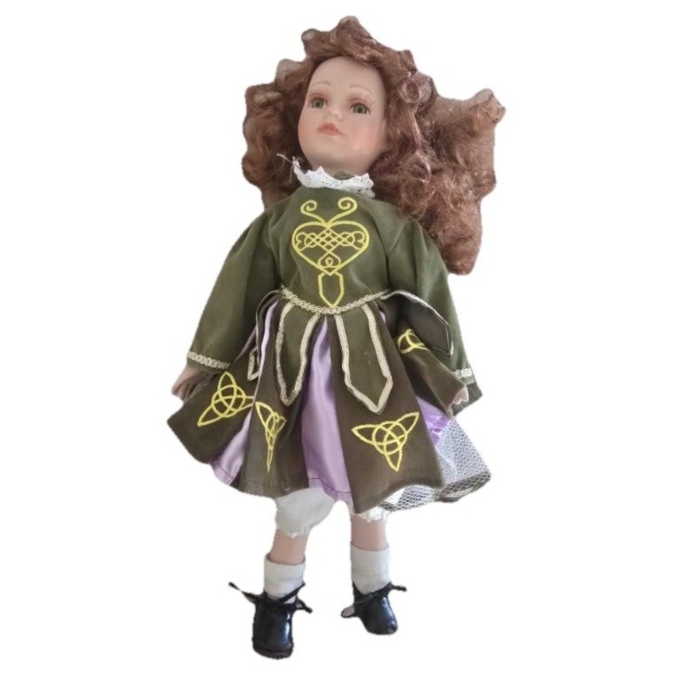 Irish Dancer Porcelain Doll Red Curly Hair Embroidered Dance Dress *damage